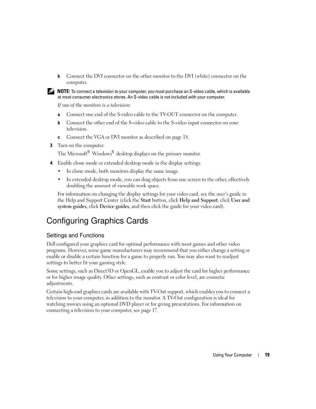 Dell XPS manual Configuring Graphics Cards, Settings and Functions, If one of the monitors is a television 