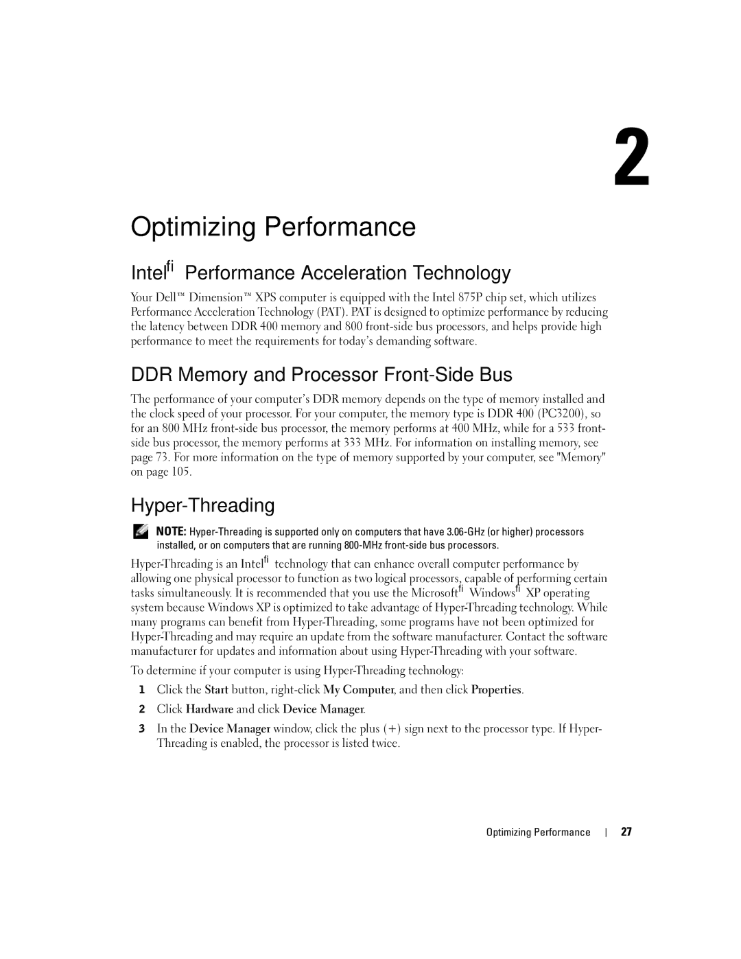 Dell XPS manual Intel Performance Acceleration Technology, DDR Memory and Processor Front-Side Bus, Hyper-Threading 