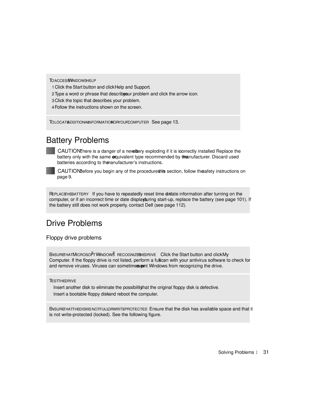 Dell XPS manual Battery Problems, Drive Problems, Floppy drive problems 