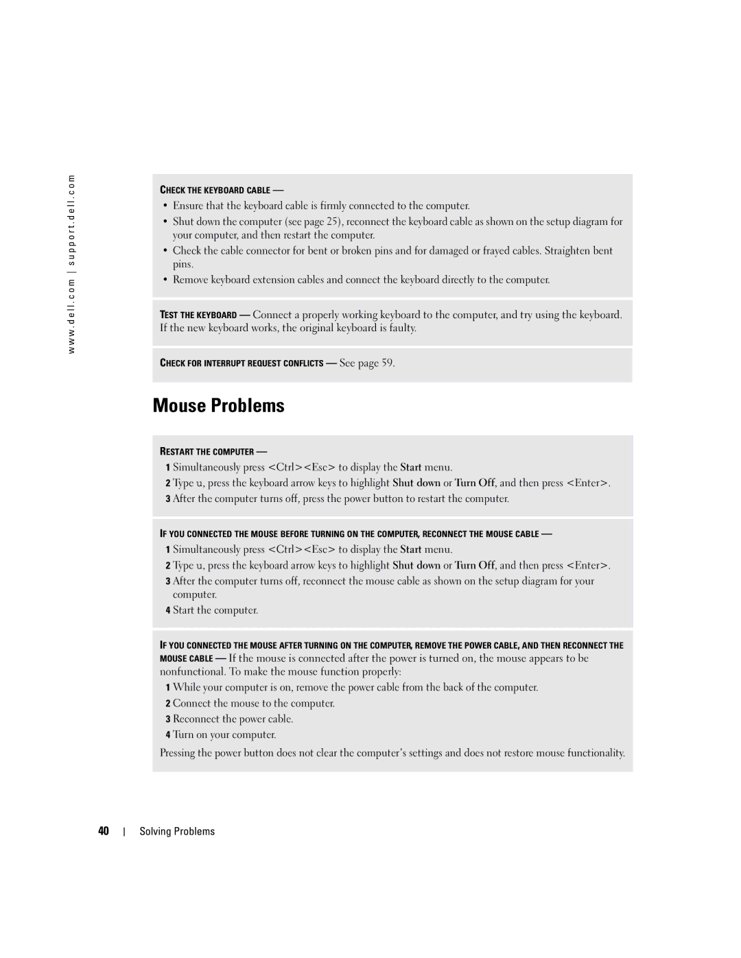 Dell XPS manual Mouse Problems, Simultaneously press CtrlEsc to display the Start menu 