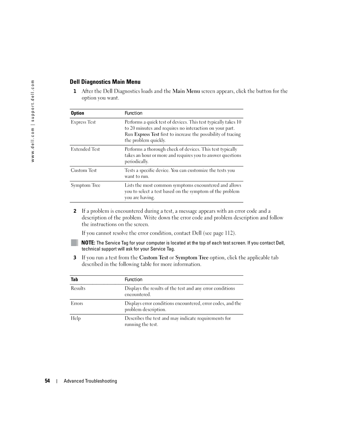 Dell XPS manual Dell Diagnostics Main Menu, Option Function, Tab Function 