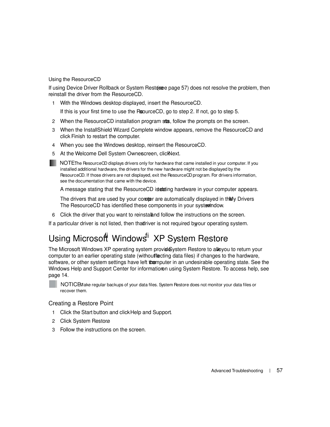 Dell XPS Using Microsoft Windows XP System Restore, Creating a Restore Point, Using the ResourceCD, Click System Restore 