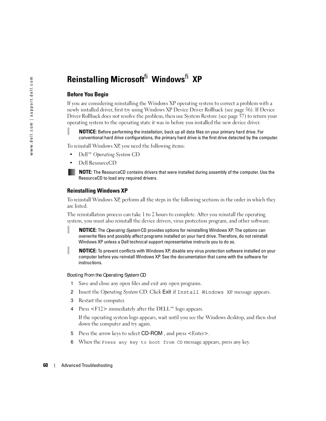 Dell XPS manual Reinstalling Microsoft Windows XP, Before You Begin, Reinstalling Windows XP 