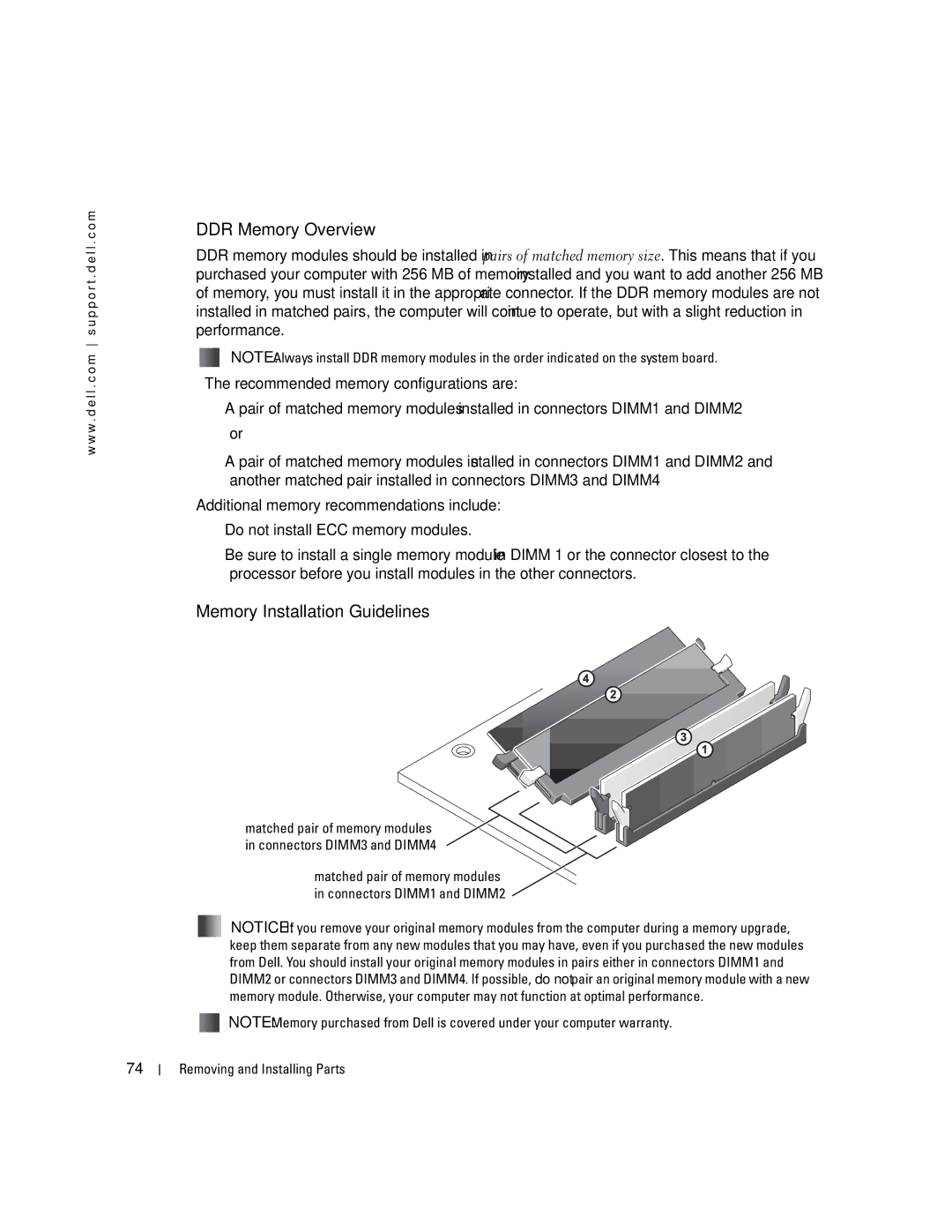 Dell XPS manual DDR Memory Overview, Memory Installation Guidelines 