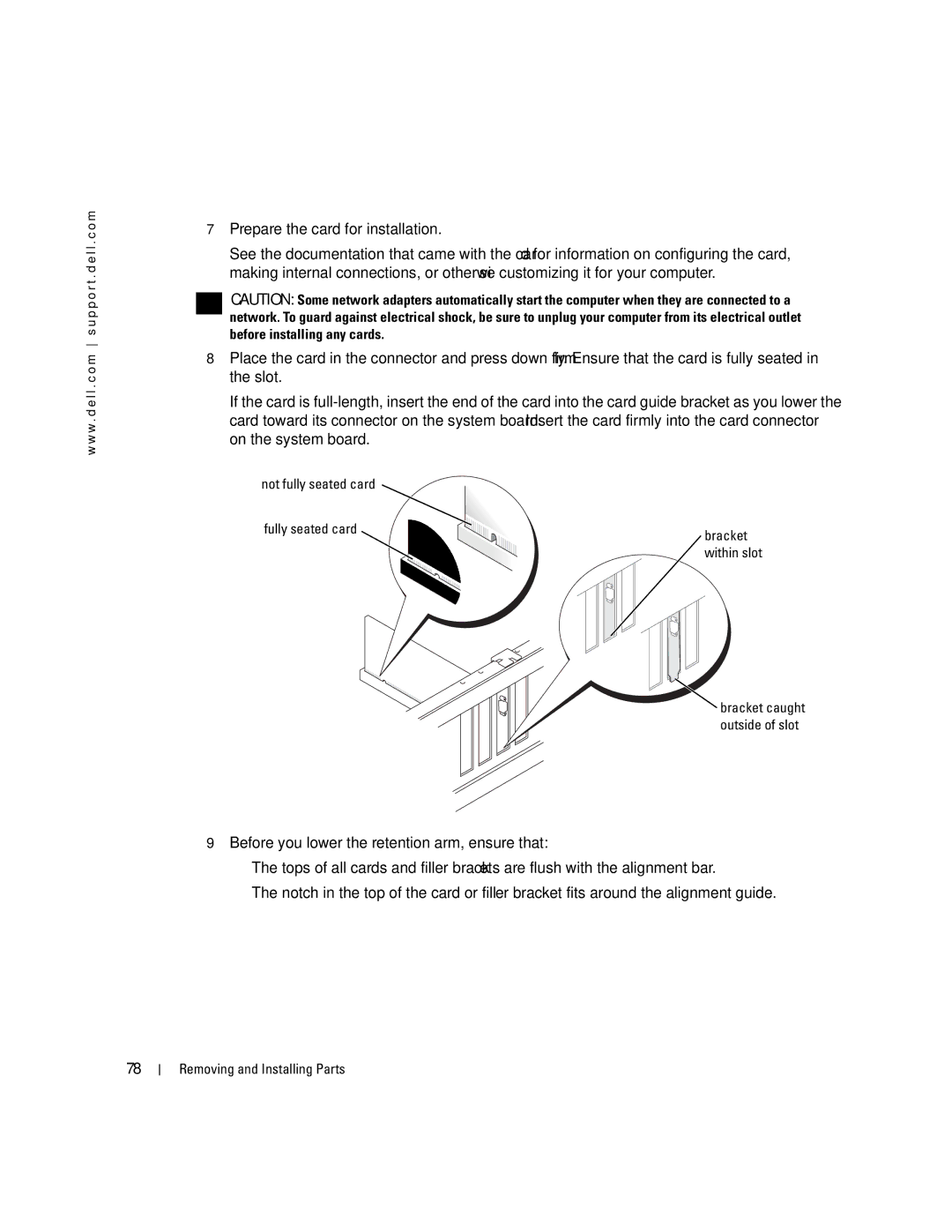 Dell XPS manual Not fully seated card Fully seated card Bracket 