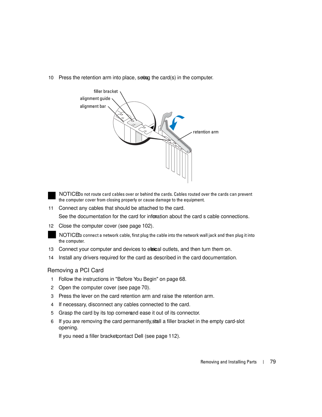 Dell XPS manual Removing a PCI Card, Filler bracket Alignment guide Alignment bar Retention arm 