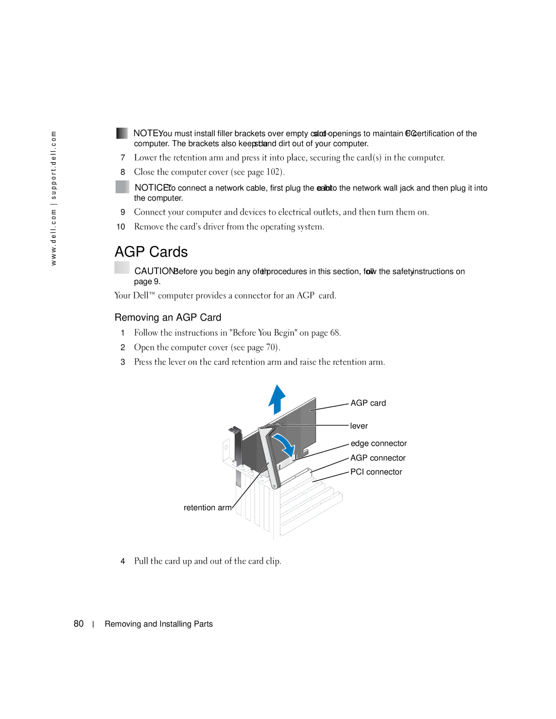 Dell XPS manual AGP Cards, Removing an AGP Card 