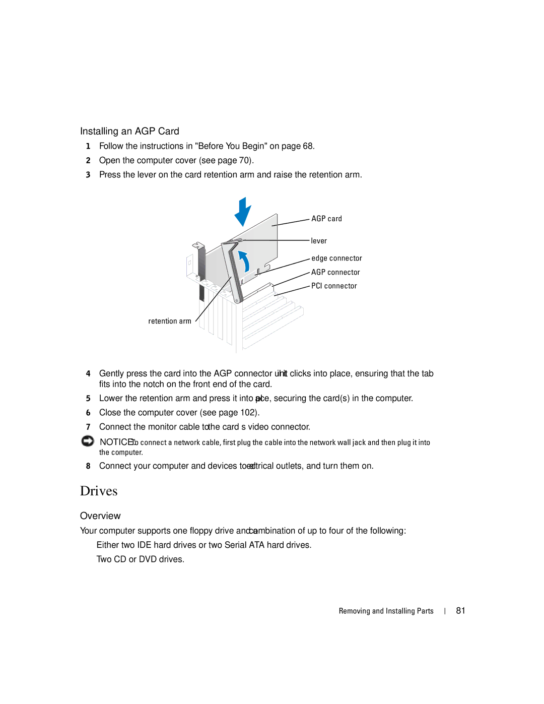 Dell XPS manual Drives, Installing an AGP Card, Overview 