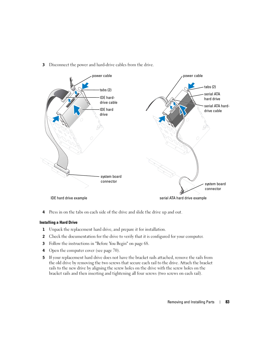 Dell XPS manual Installing a Hard Drive, Power cable Tabs IDE hard- drive cable, IDE hard drive example 