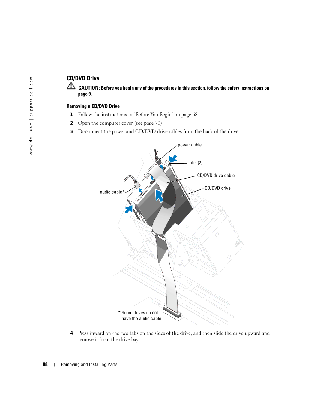 Dell XPS manual Removing a CD/DVD Drive, Power cable Tabs CD/DVD drive cable Audio cable 