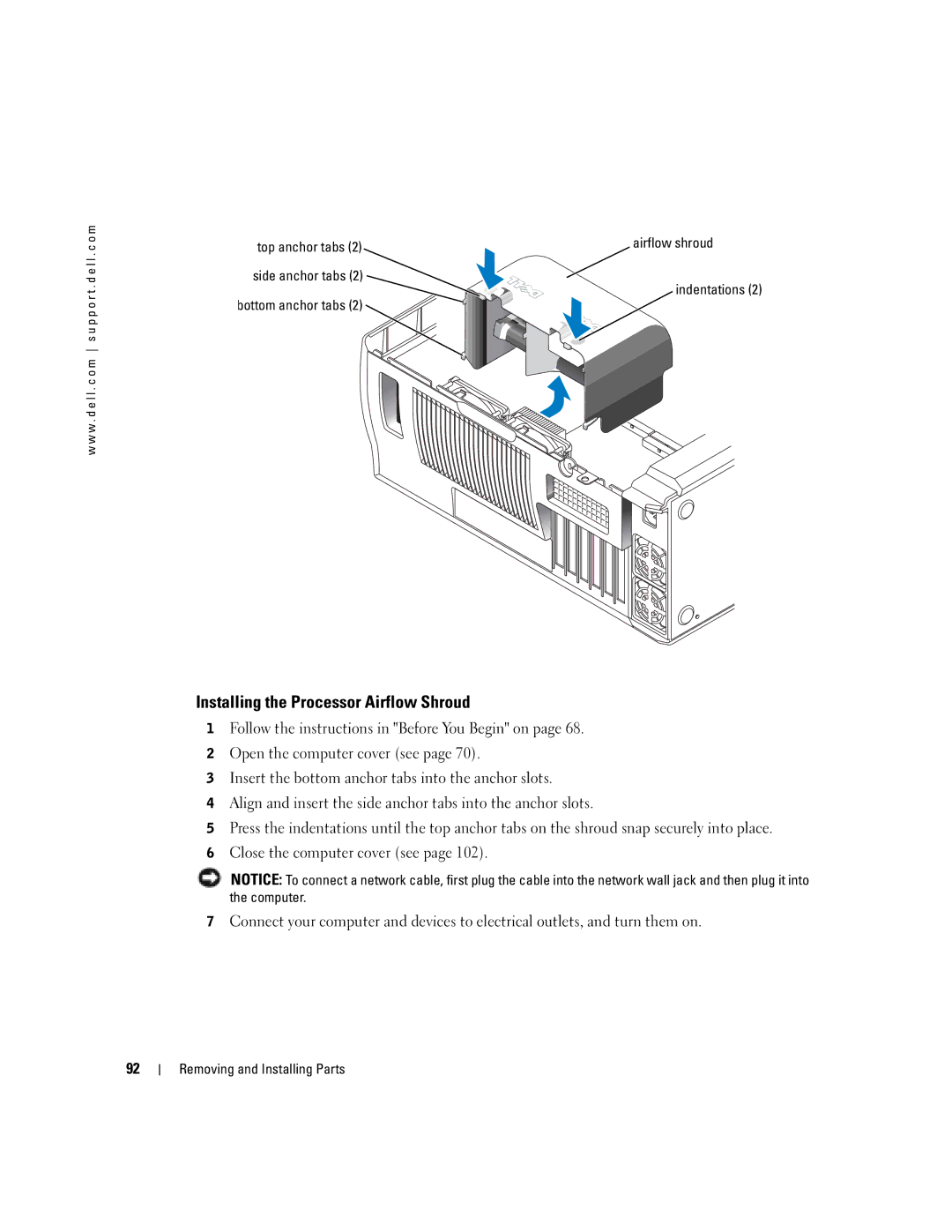 Dell XPS manual Installing the Processor Airflow Shroud, Top anchor tabs, Side anchor tabs Indentations Bottom anchor tabs 