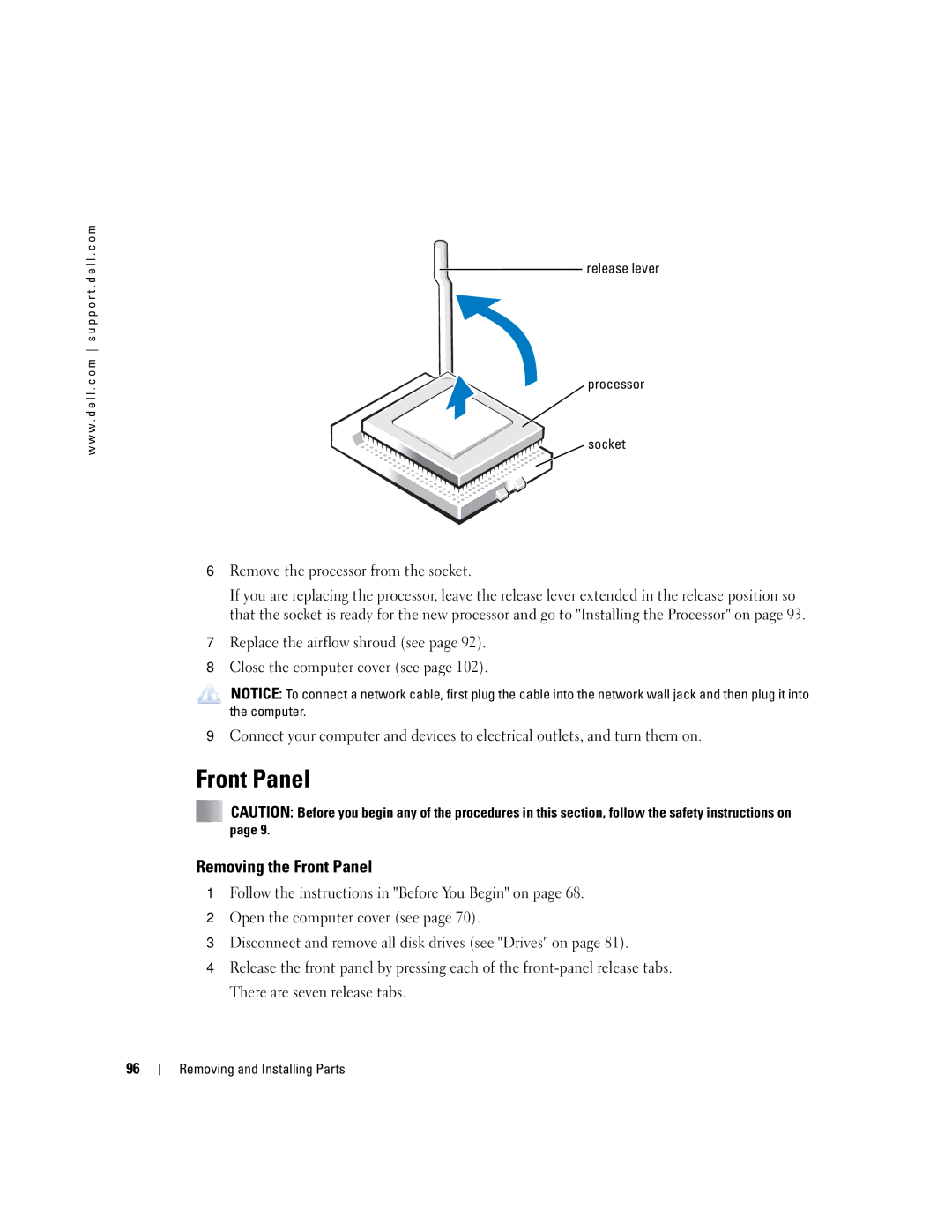 Dell XPS manual Removing the Front Panel, Release lever Processor Socket 