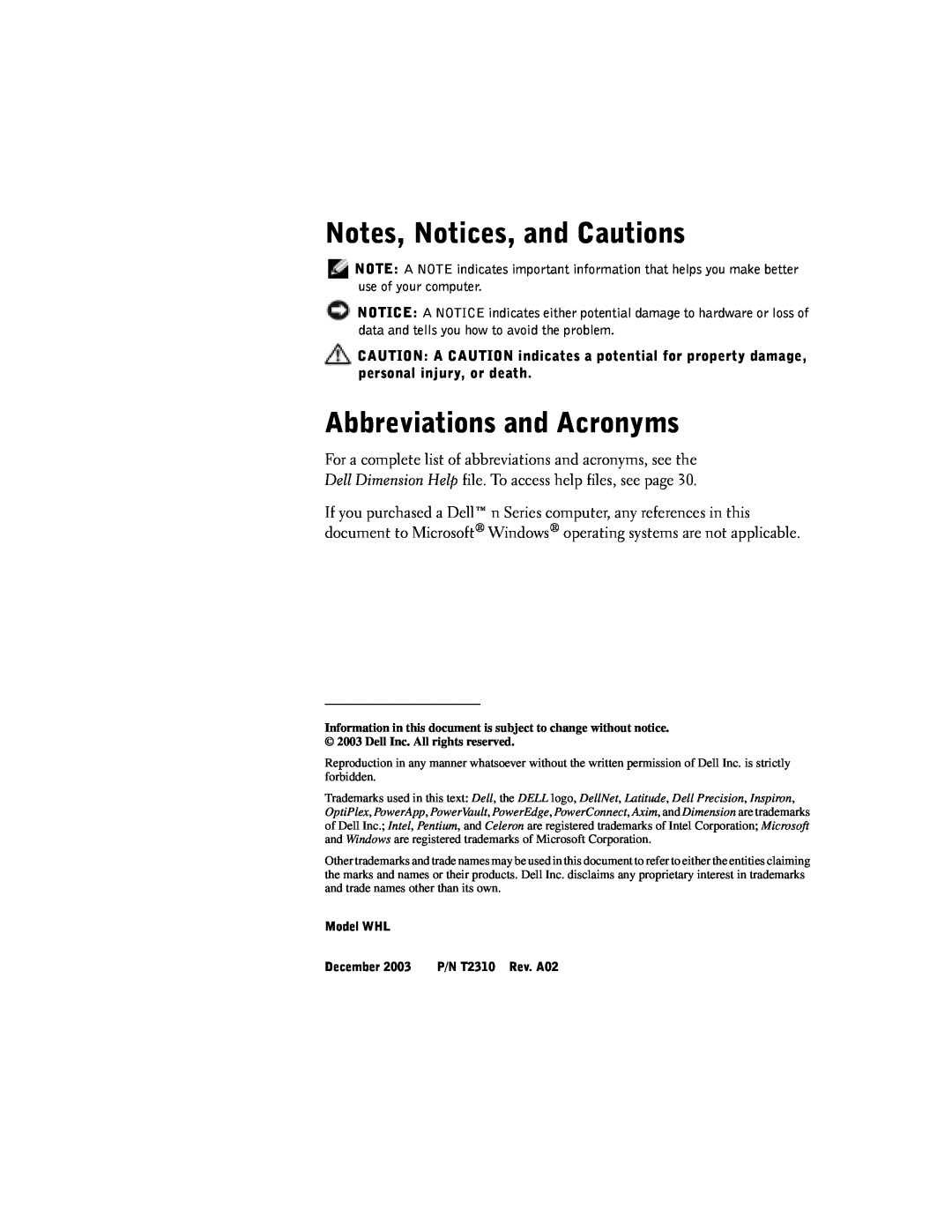 Dell XPS manual Notes, Notices, and Cautions, Abbreviations and Acronyms, Model WHL, December, P/N T2310 Rev. A02 
