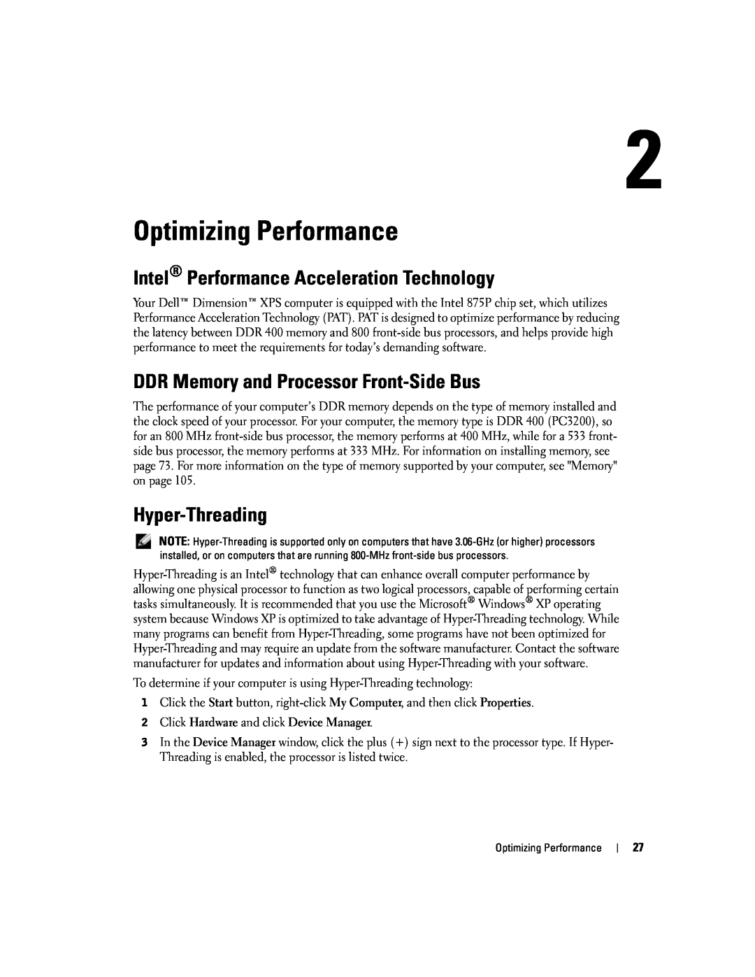 Dell XPS manual Optimizing Performance, Intel Performance Acceleration Technology, DDR Memory and Processor Front-Side Bus 