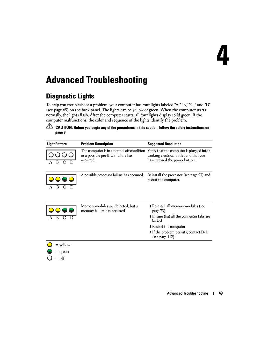 Dell XPS manual Advanced Troubleshooting, Diagnostic Lights 