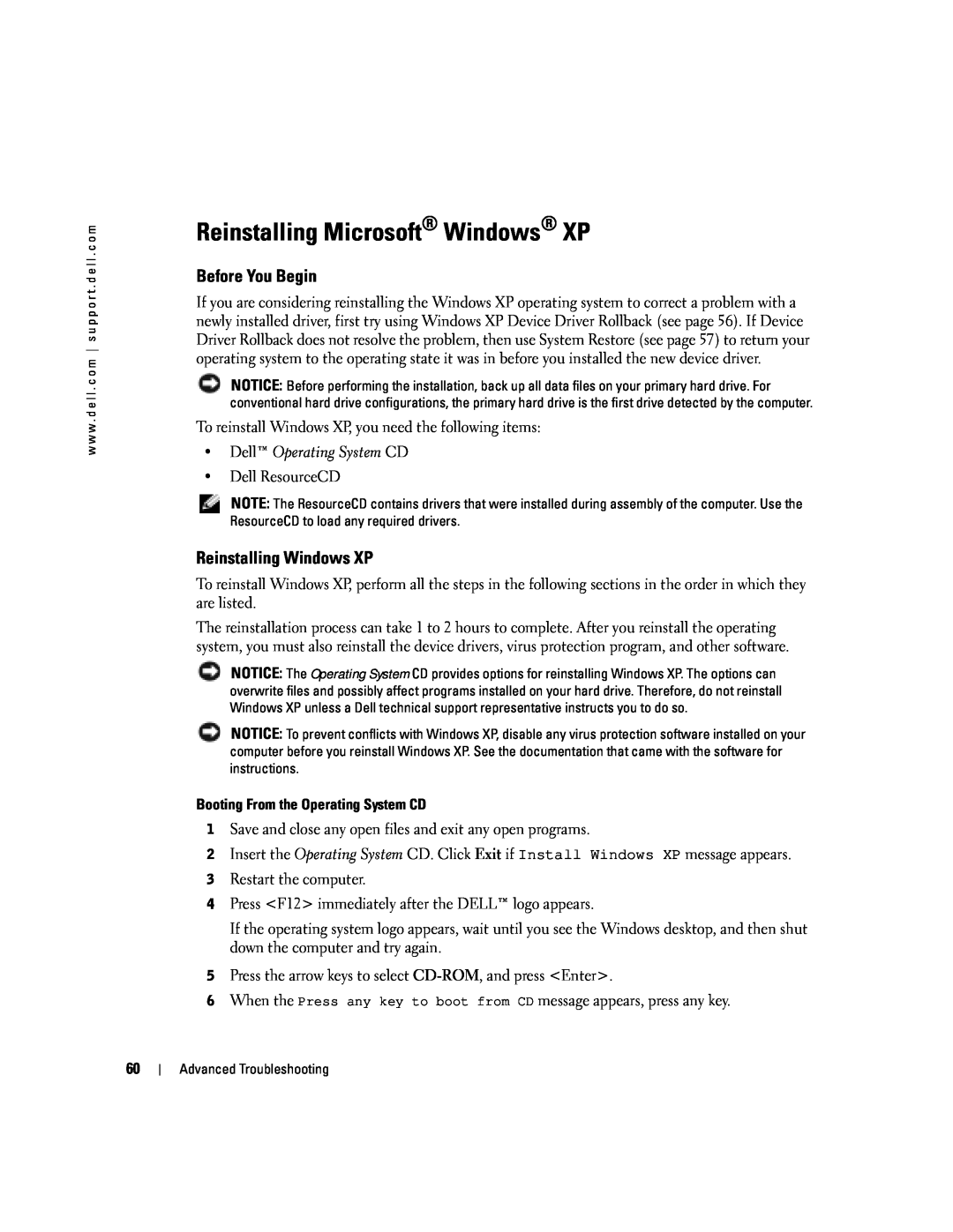 Dell XPS manual Reinstalling Microsoft Windows XP, Before You Begin, Reinstalling Windows XP 