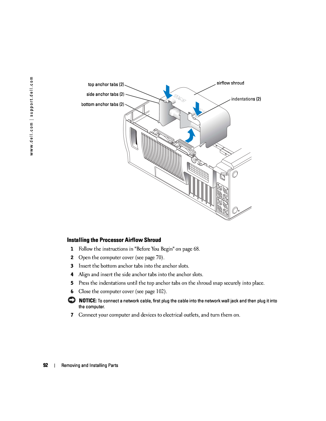 Dell XPS manual Installing the Processor Airflow Shroud, airflow shroud 