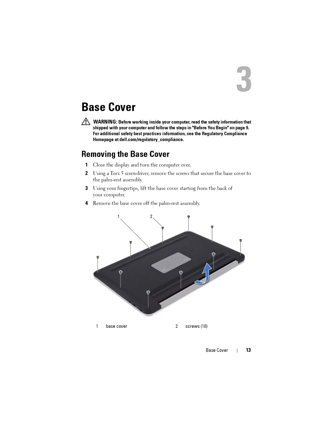 Dell L321X, XPS13-4040SLV, P29G manual Removing the Base Cover 