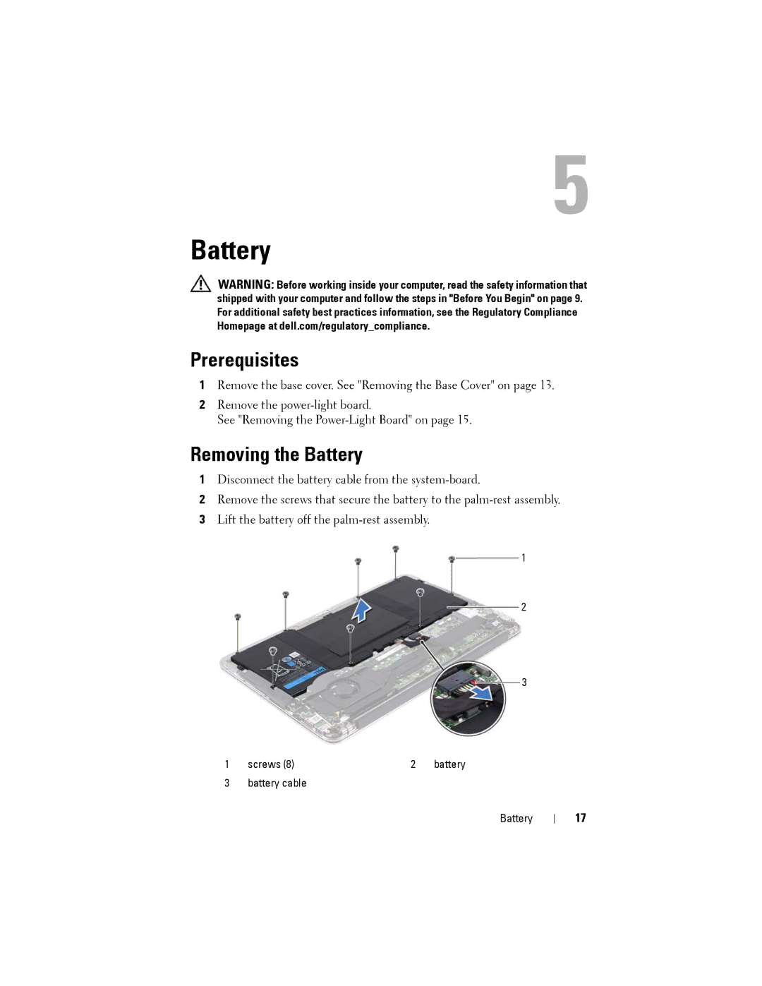 Dell P29G, XPS13-4040SLV, L321X manual Removing the Battery 