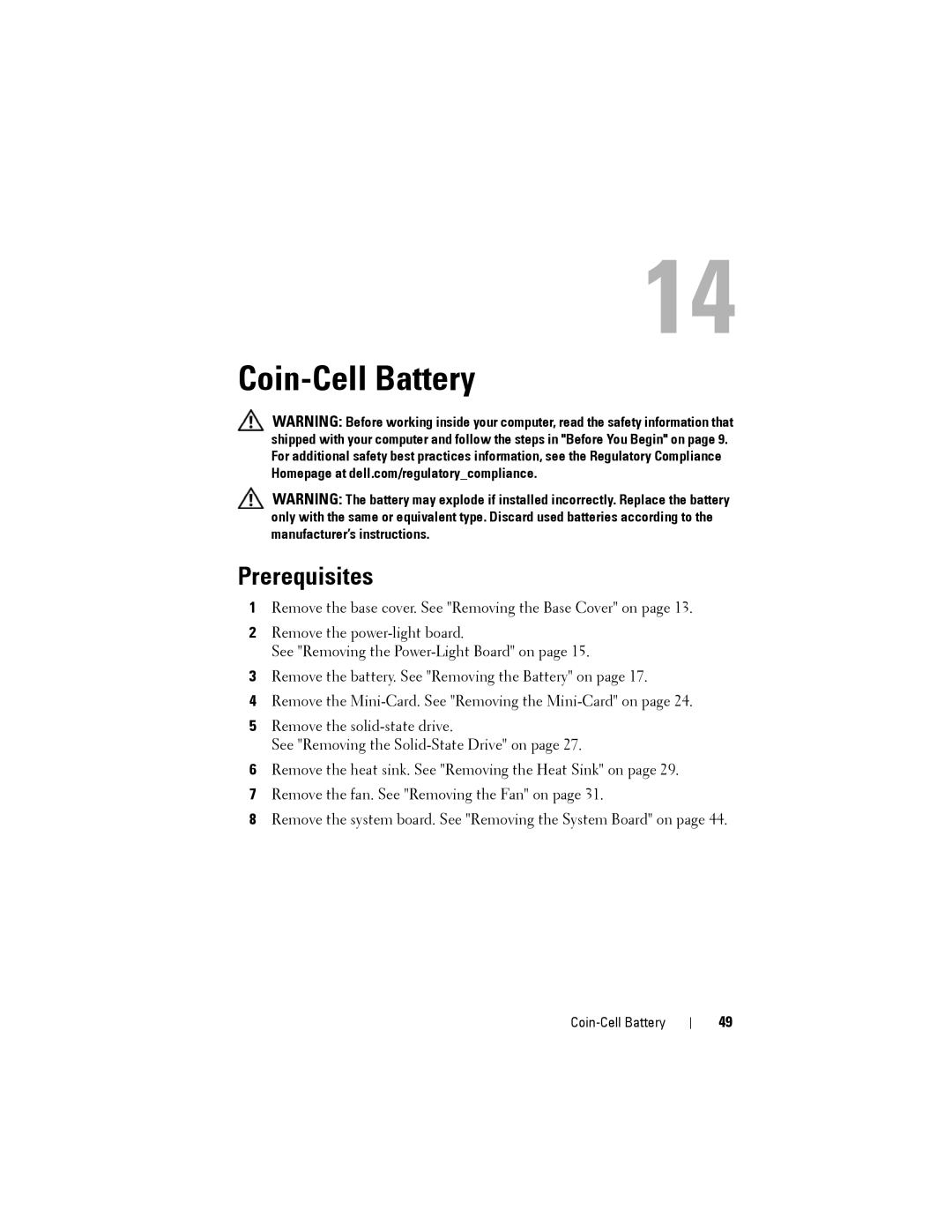 Dell L321X, XPS13-4040SLV, P29G manual Coin-Cell Battery, Prerequisites 