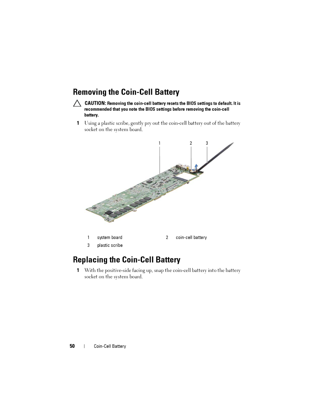 Dell P29G, XPS13-4040SLV, L321X manual Removing the Coin-Cell Battery, Replacing the Coin-Cell Battery 