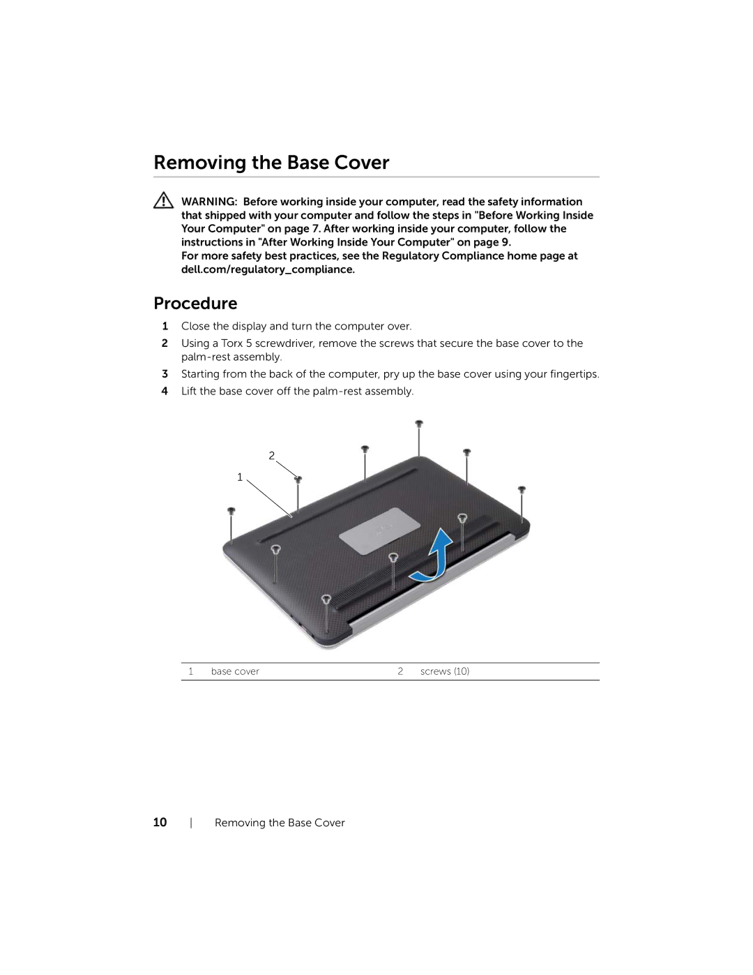 Dell XPS13-4040SLV owner manual Removing the Base Cover, Procedure 