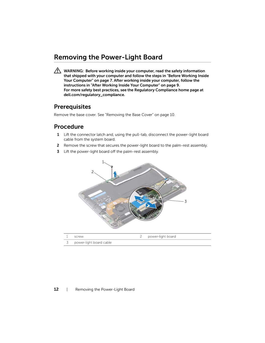 Dell XPS13-4040SLV owner manual Removing the Power-Light Board 