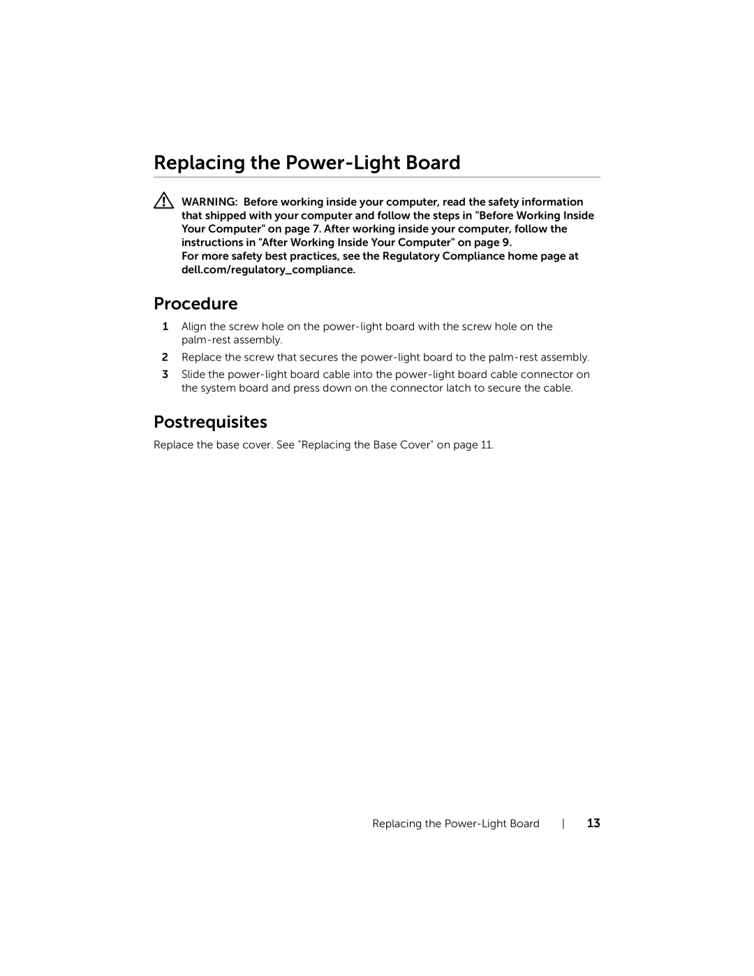 Dell XPS13-4040SLV owner manual Replacing the Power-Light Board 