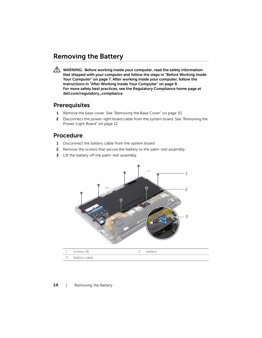 Dell XPS13-4040SLV owner manual Removing the Battery 