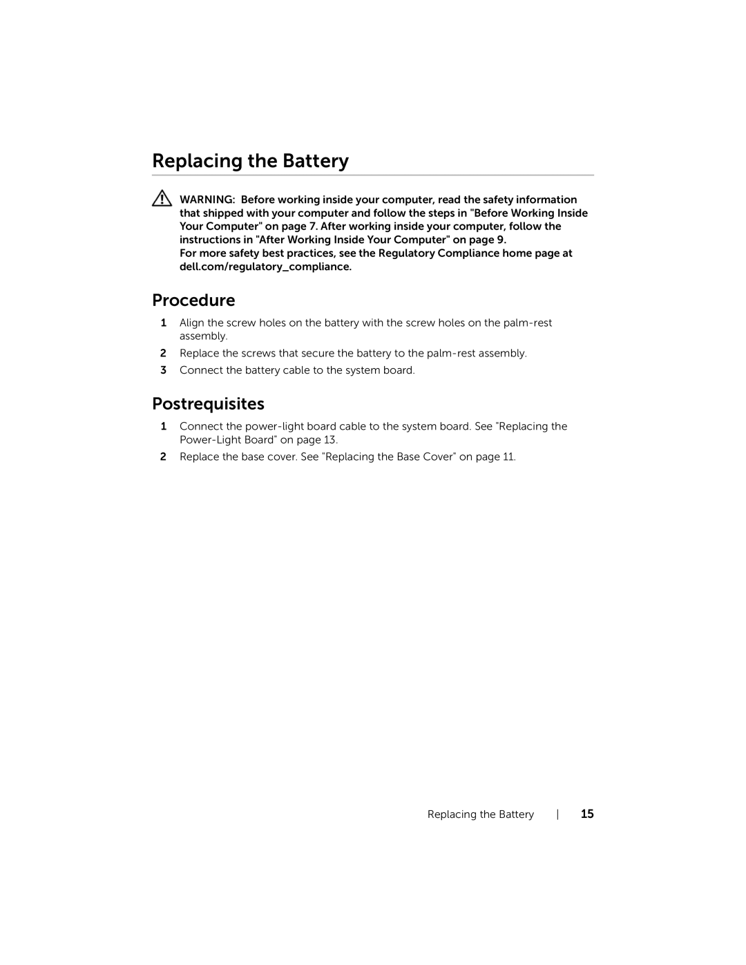 Dell XPS13-4040SLV owner manual Replacing the Battery 