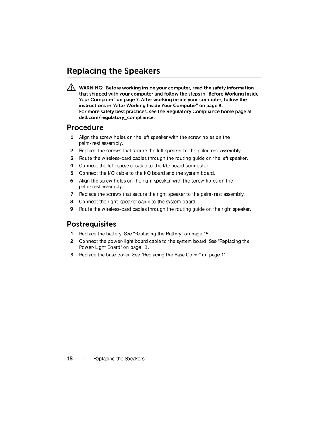 Dell XPS13-4040SLV owner manual Replacing the Speakers 