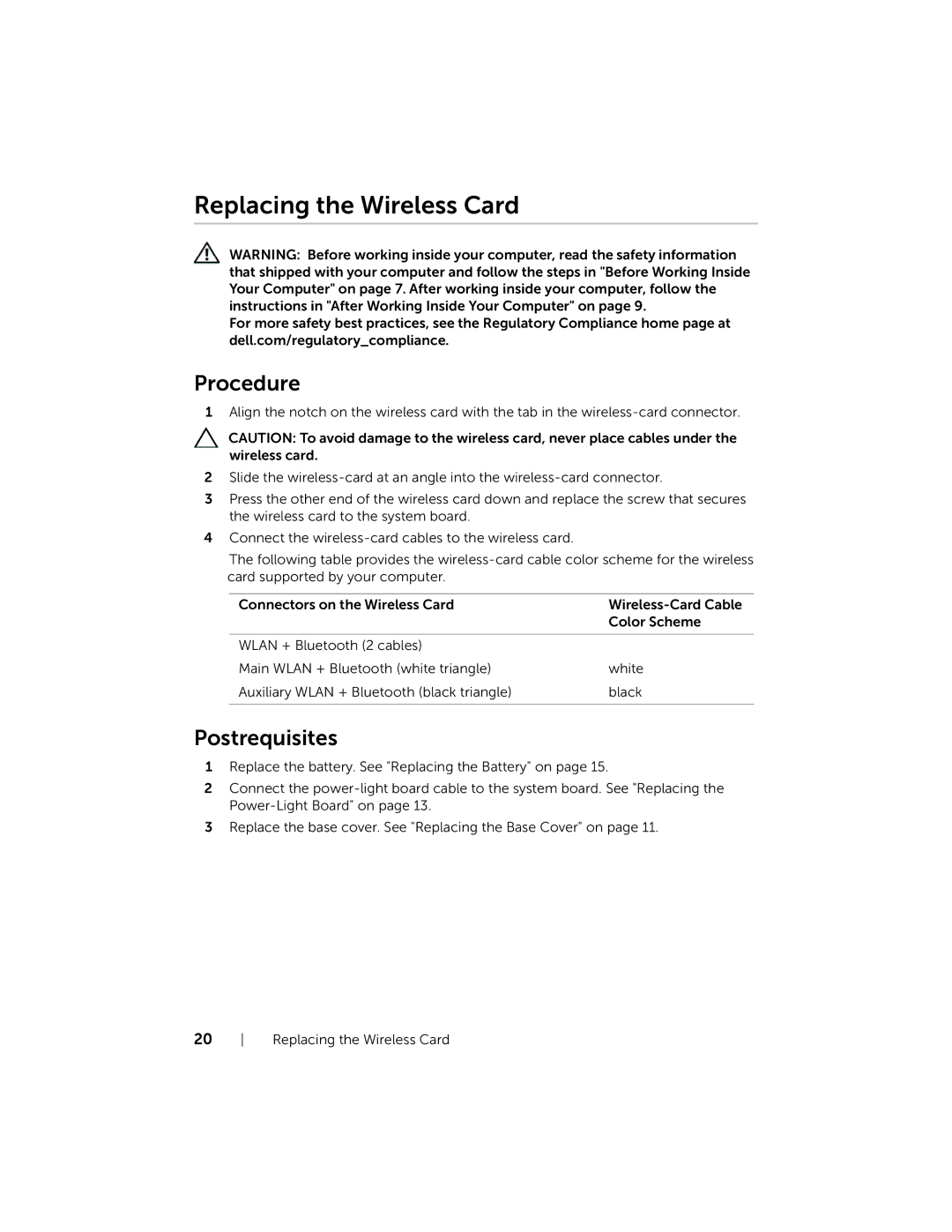 Dell XPS13-4040SLV owner manual Replacing the Wireless Card 