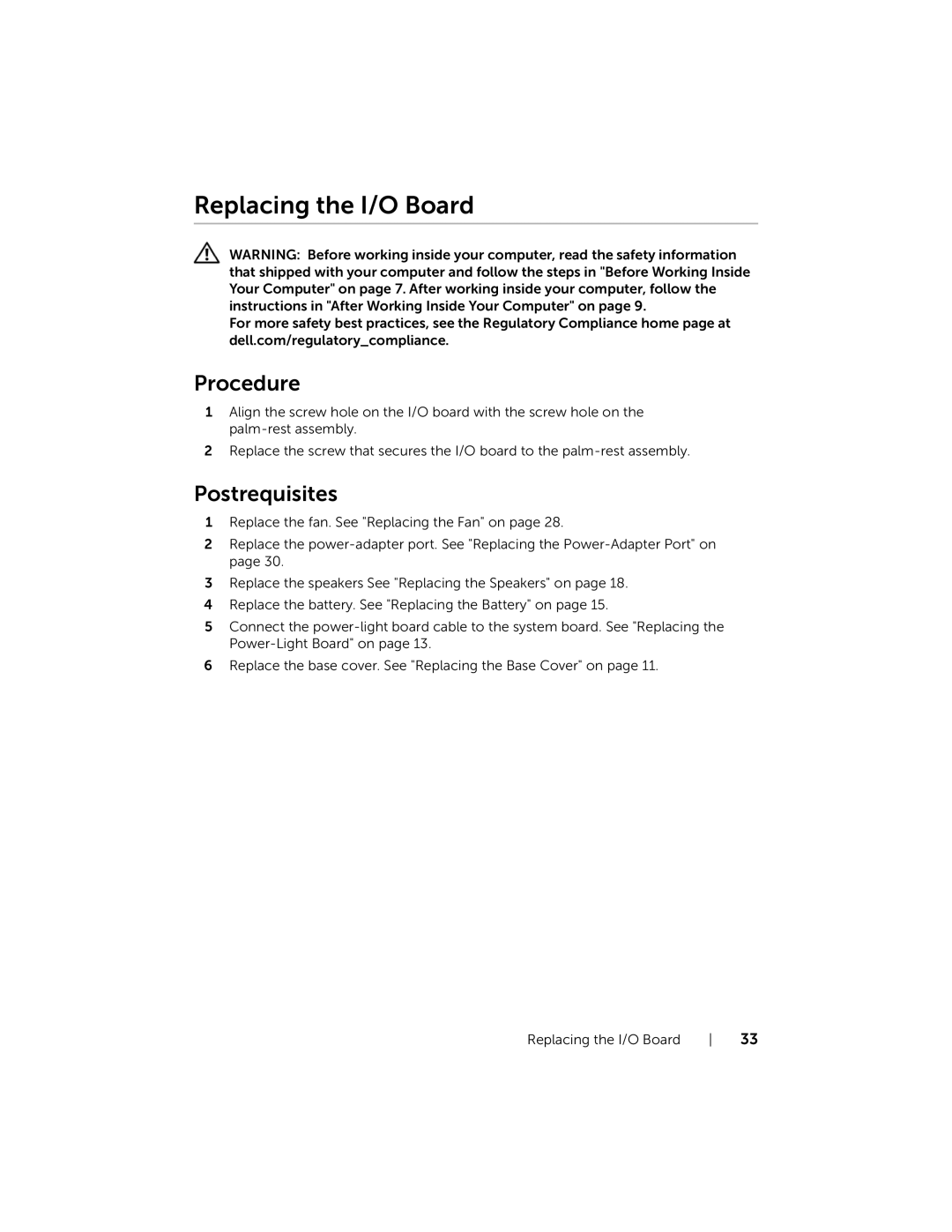 Dell XPS13-4040SLV owner manual Replacing the I/O Board 