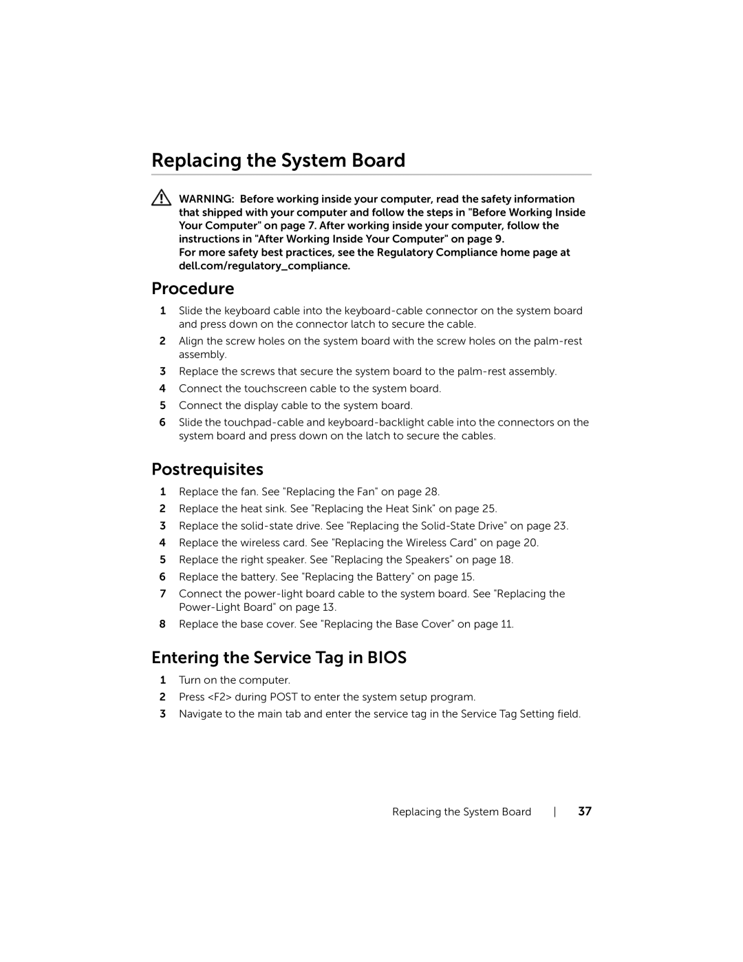 Dell XPS13-4040SLV owner manual Replacing the System Board, Entering the Service Tag in Bios 