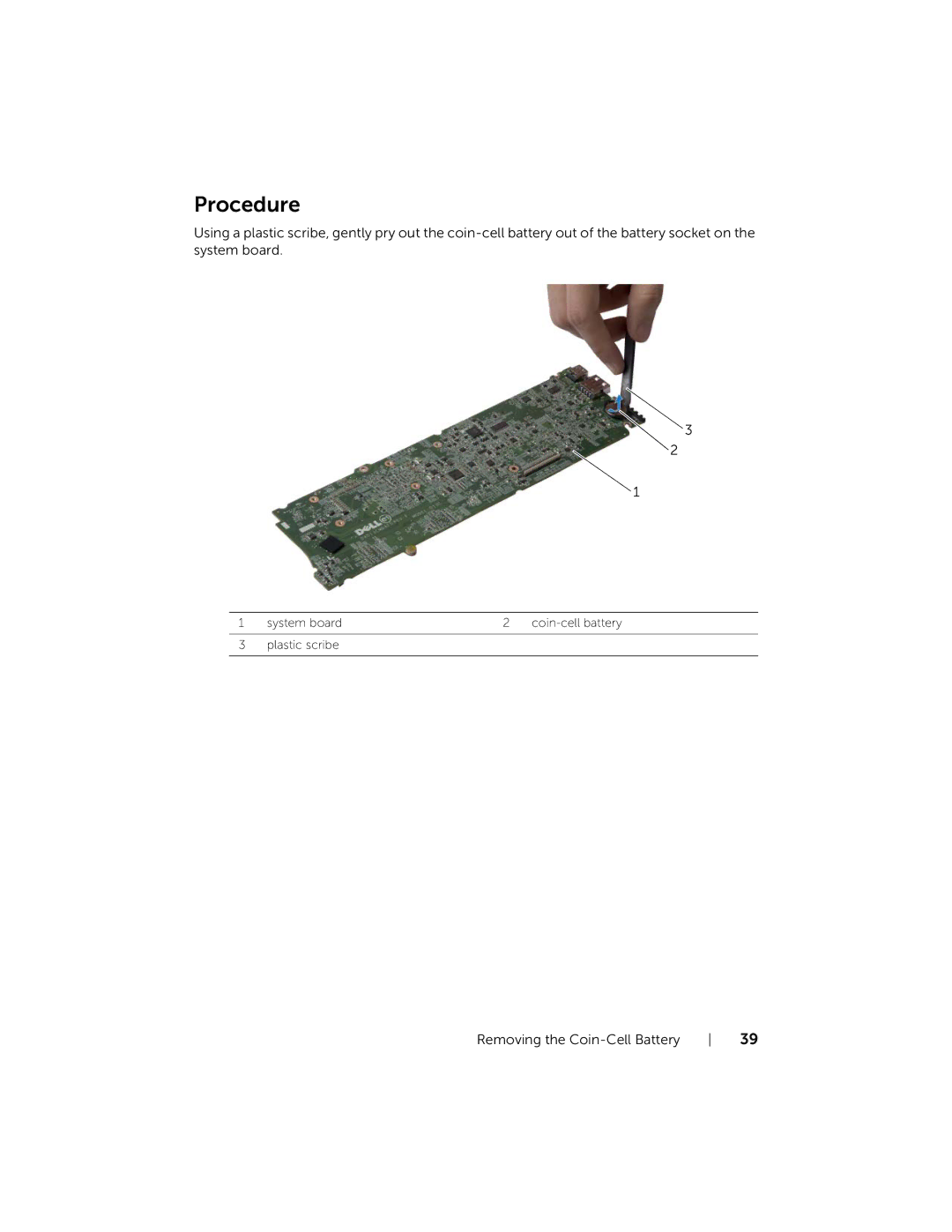 Dell XPS13-4040SLV owner manual System board Coin-cell battery Plastic scribe 