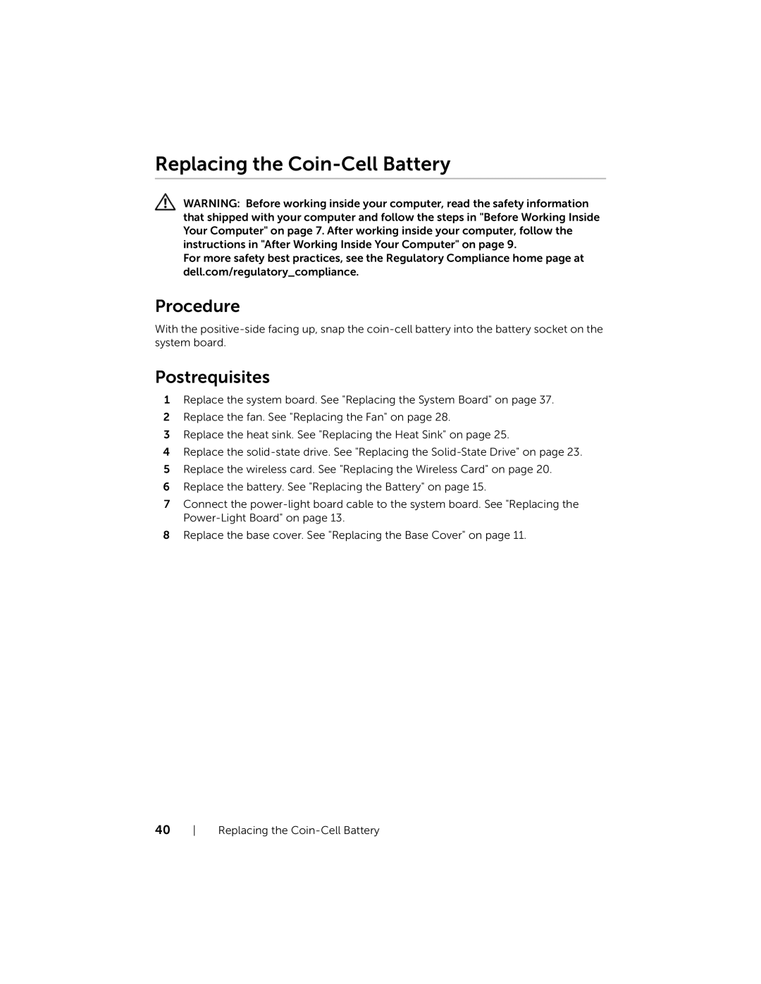 Dell XPS13-4040SLV owner manual Replacing the Coin-Cell Battery 