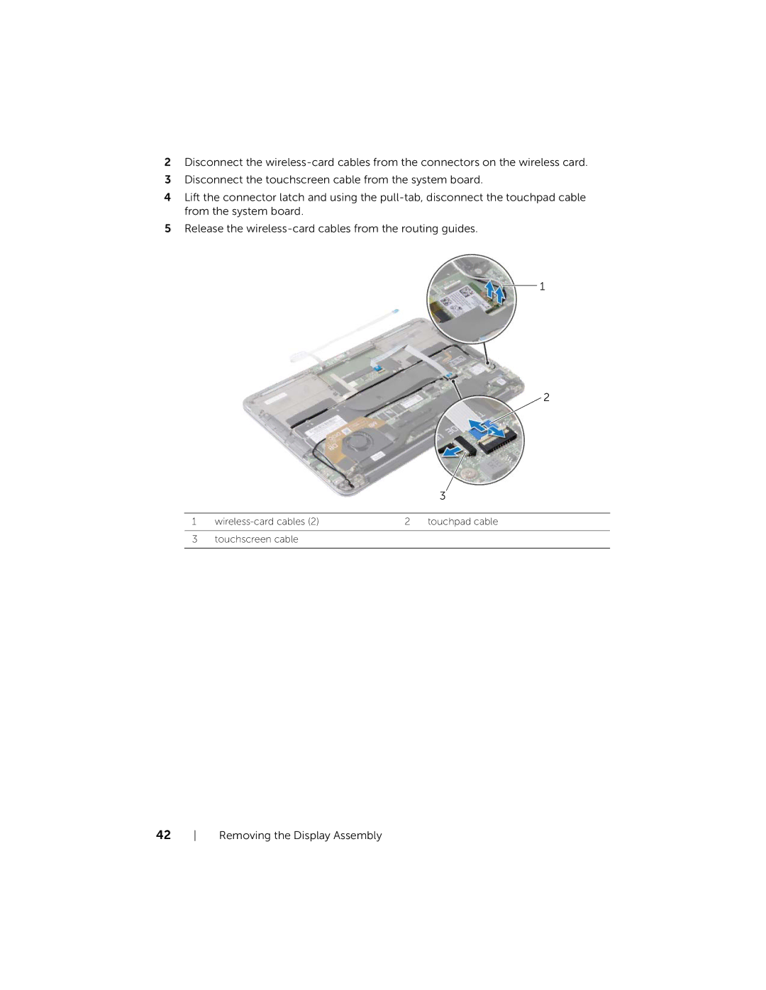 Dell XPS13-4040SLV owner manual Wireless-card cables Touchpad cable Touchscreen cable 