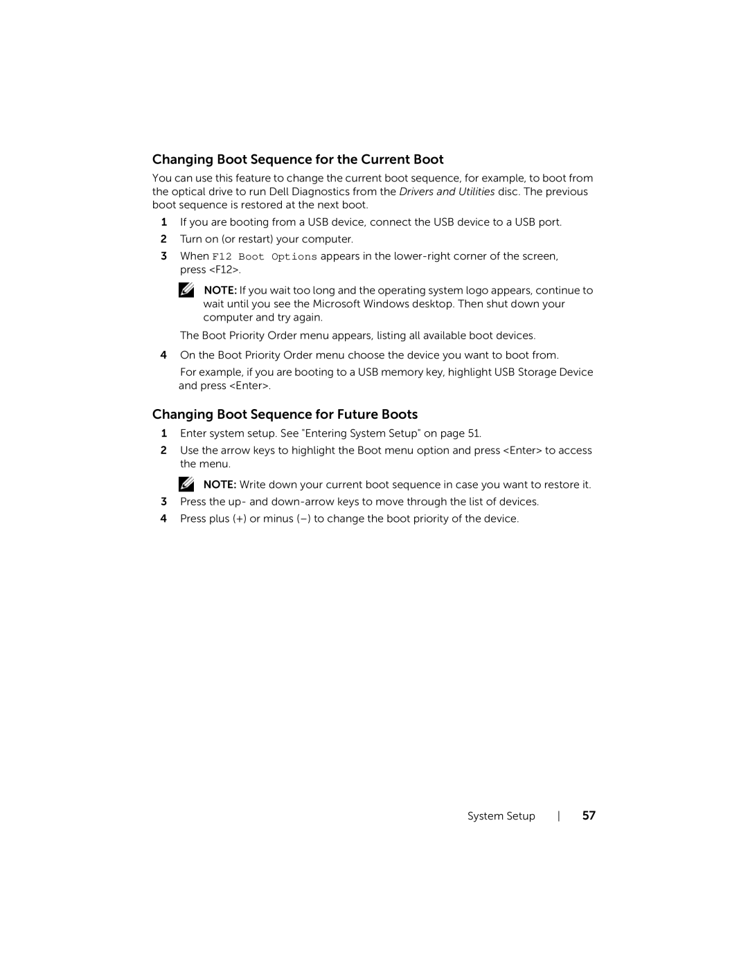 Dell XPS13-4040SLV owner manual Changing Boot Sequence for the Current Boot 