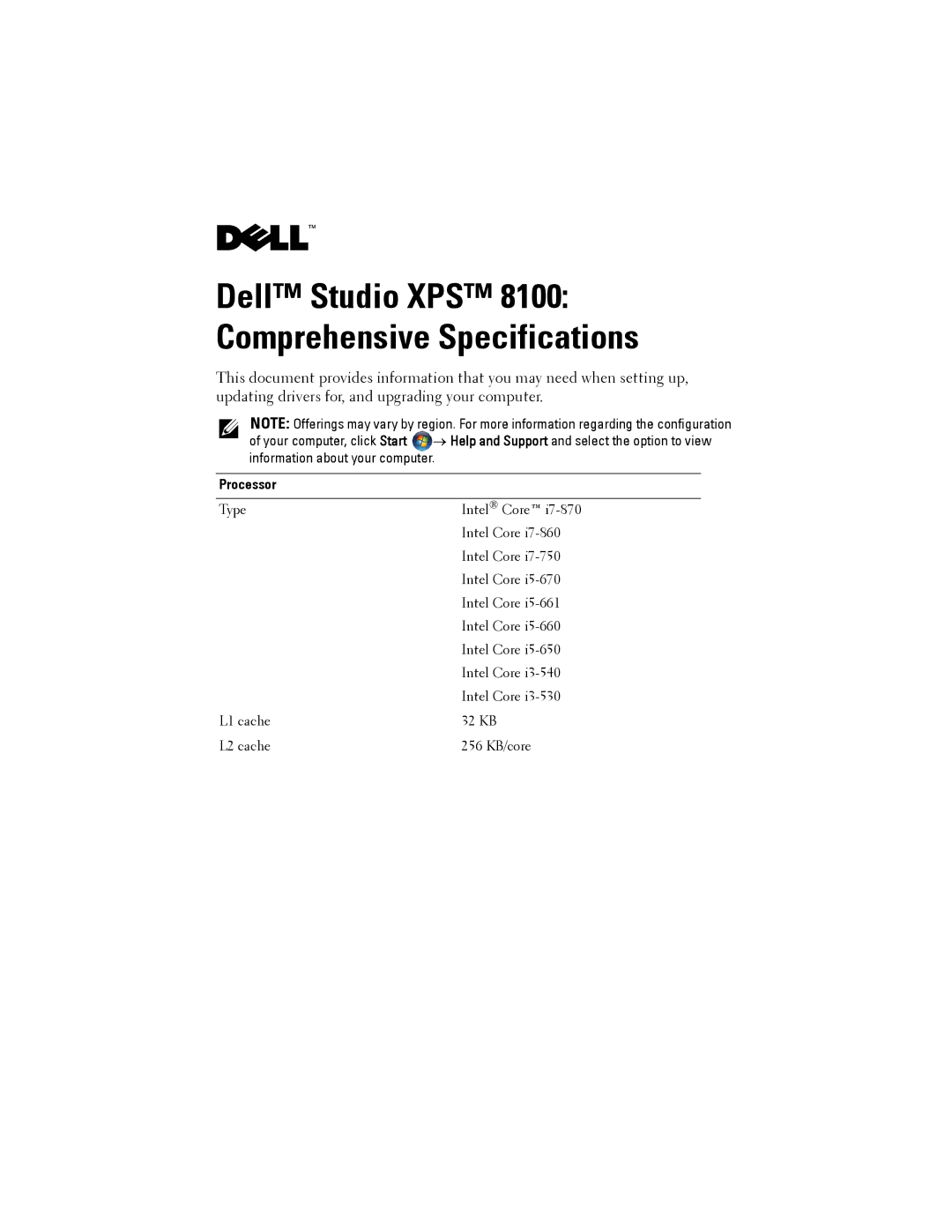 Dell XPSTM 8100 specifications Dell Studio XPS 8100 Comprehensive Specifications, Processor 