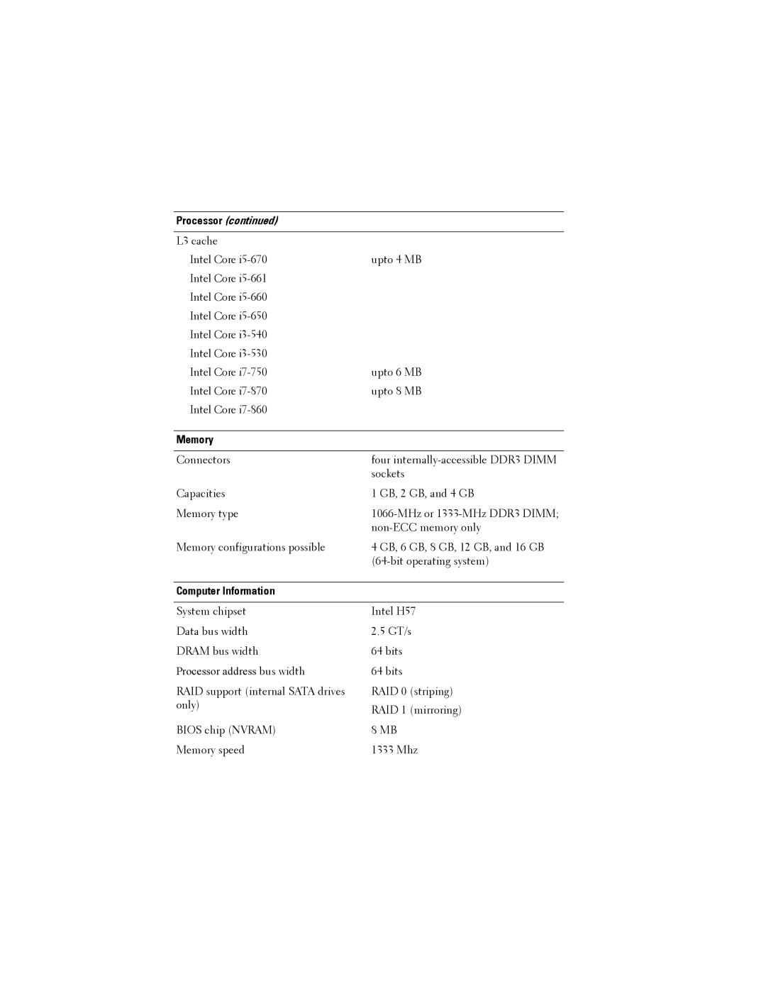 Dell XPSTM 8100 specifications Memory, Computer Information 