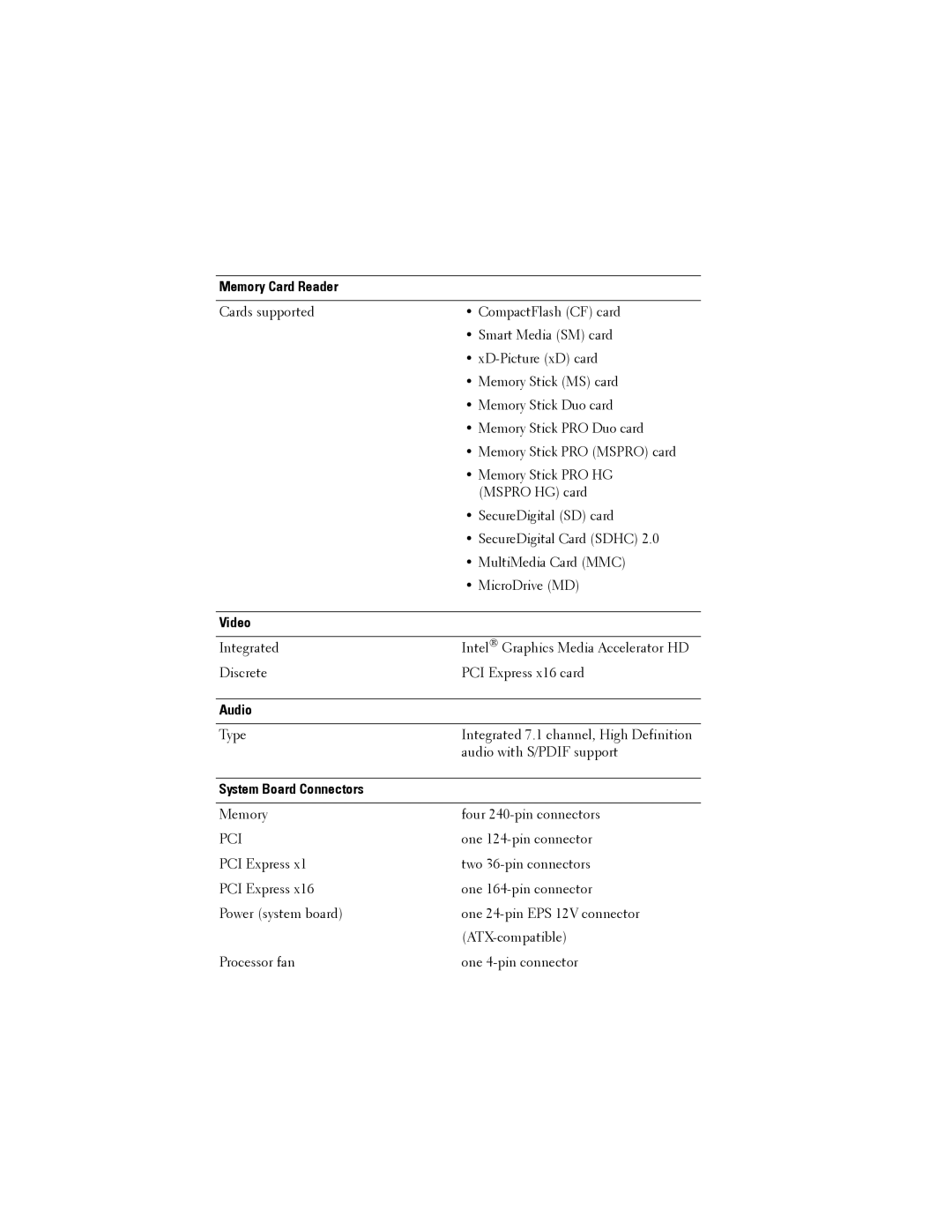 Dell XPSTM 8100 specifications Memory Card Reader, Video, Audio, System Board Connectors 