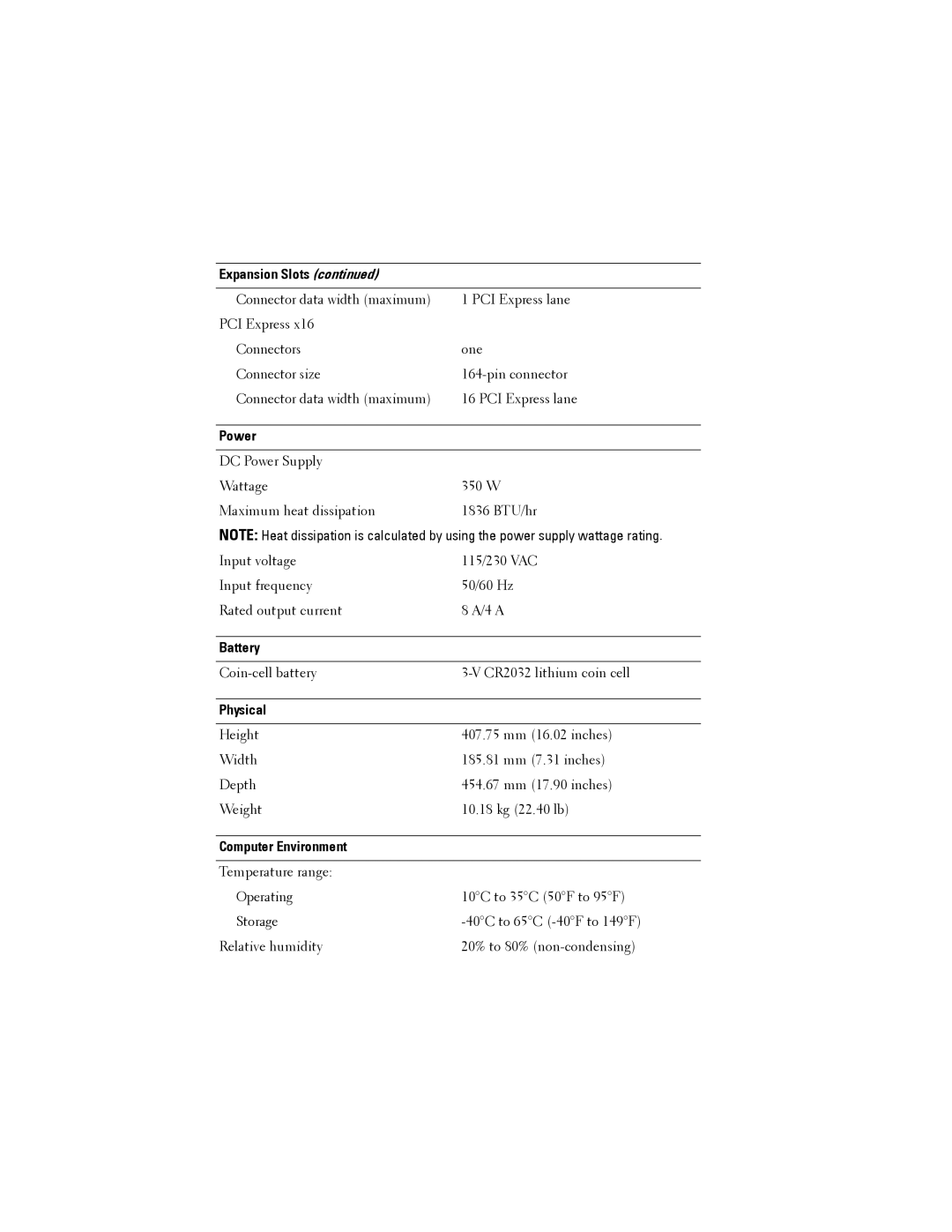 Dell XPSTM 8100 specifications Power, Battery, Physical, Computer Environment 