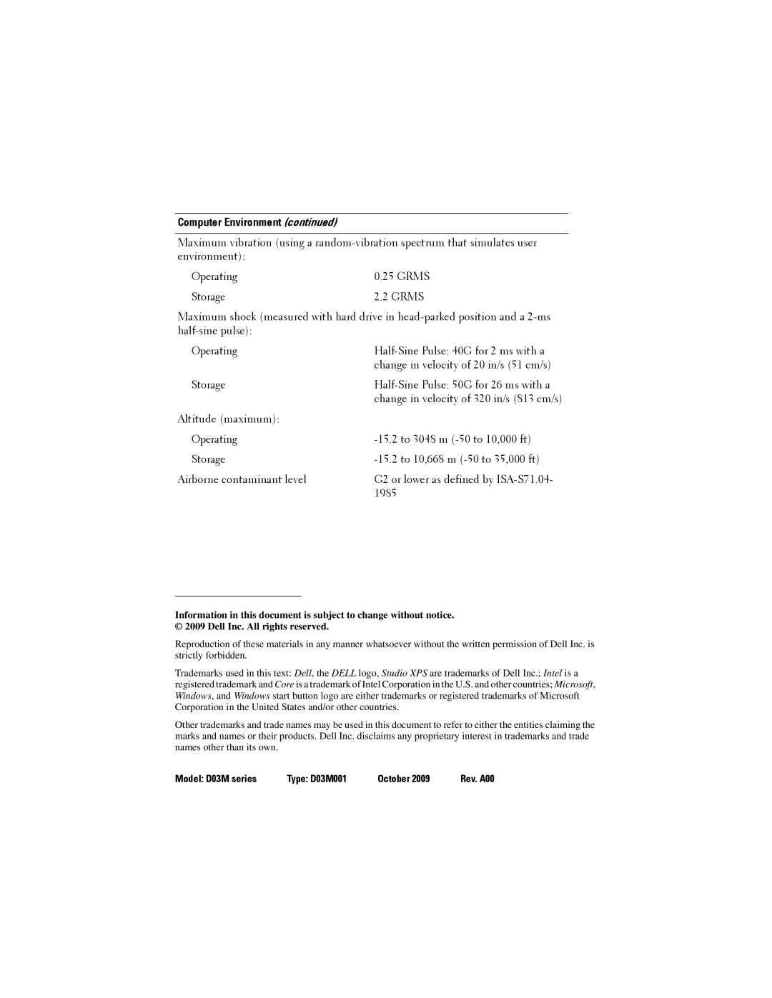 Dell XPSTM 8100 specifications Model D03M series Type D03M001 October 