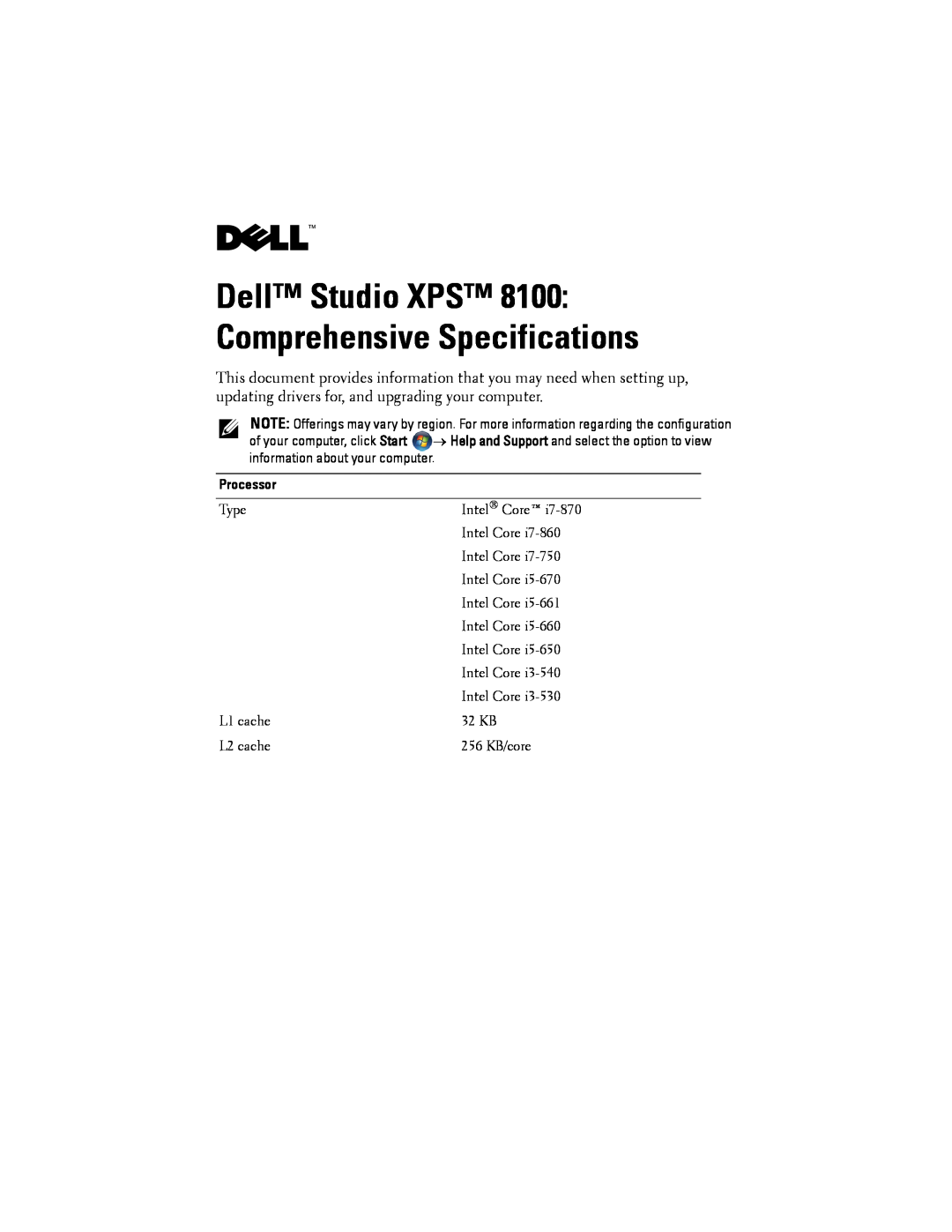 Dell XPSTM 8100 specifications Processor, Dell Studio XPS 8100 Comprehensive Specifications 