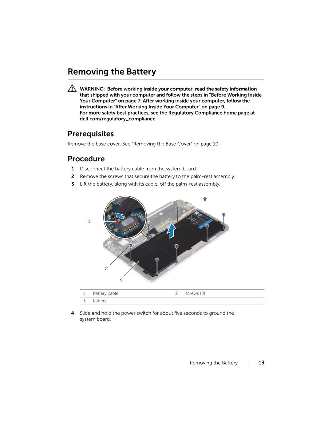 Dell XPSU125327CR manual Removing the Battery 