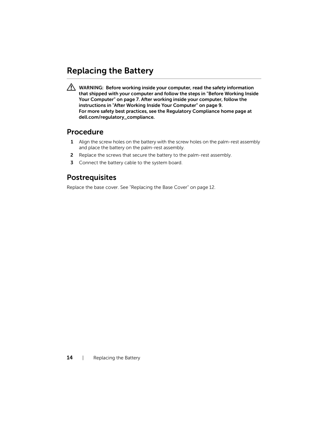 Dell XPSU125327CR manual Replacing the Battery 