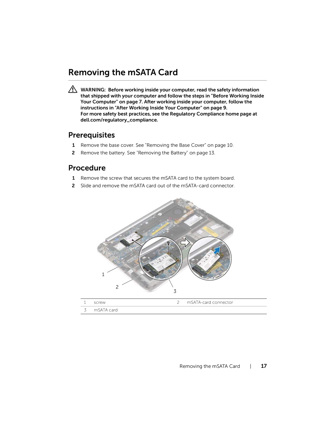 Dell XPSU125327CR manual Removing the mSATA Card 