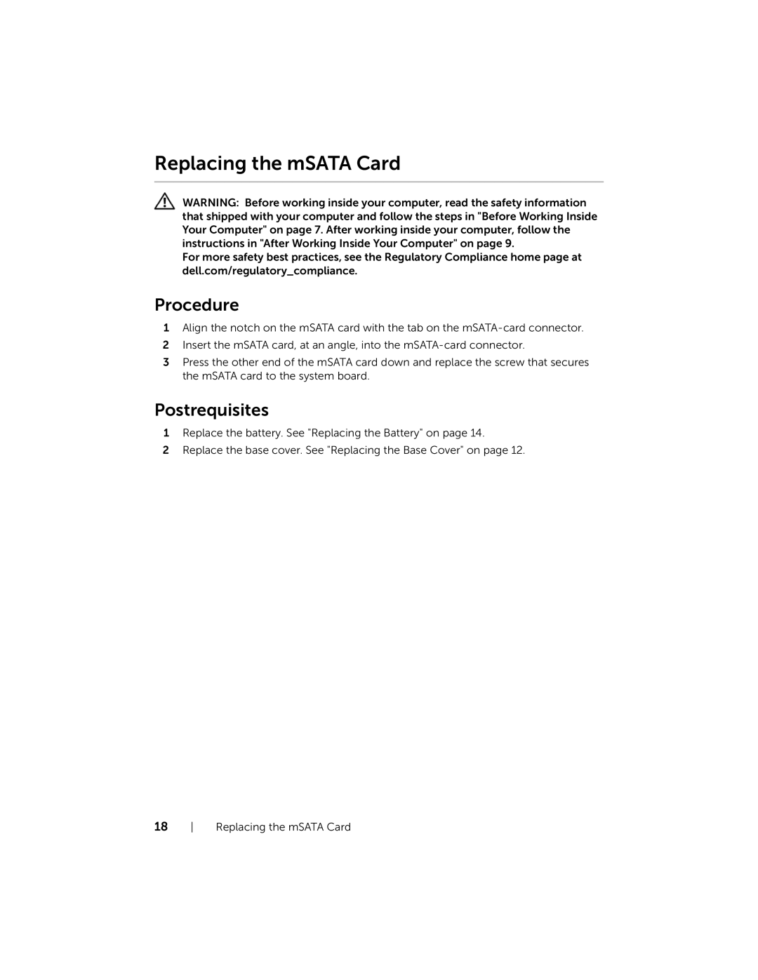 Dell XPSU125327CR manual Replacing the mSATA Card 