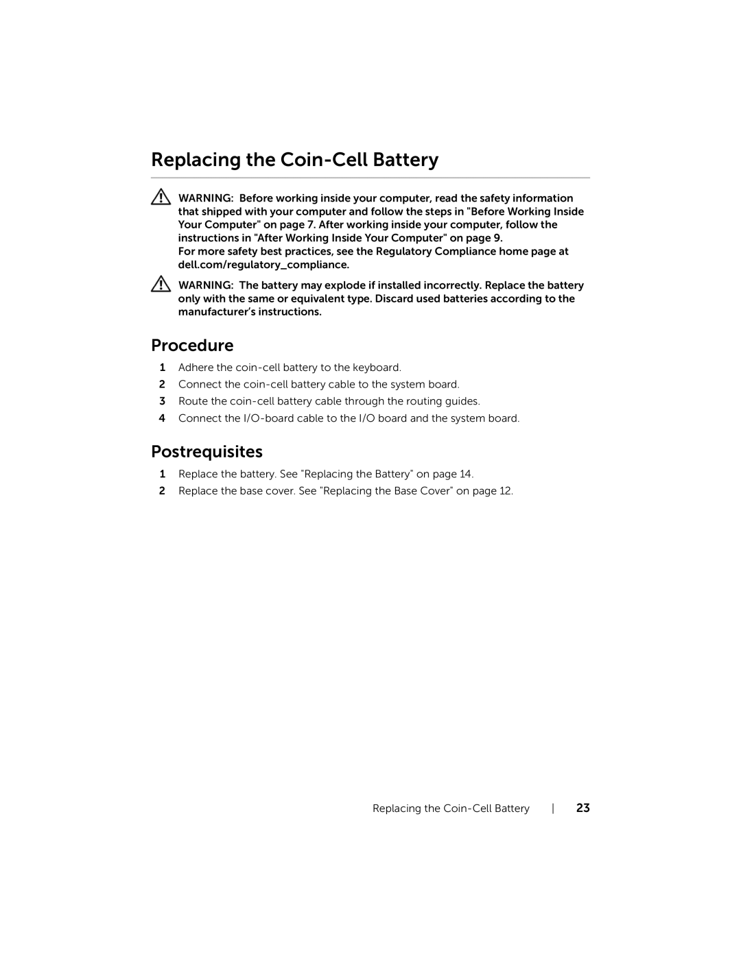 Dell XPSU125327CR manual Replacing the Coin-Cell Battery 