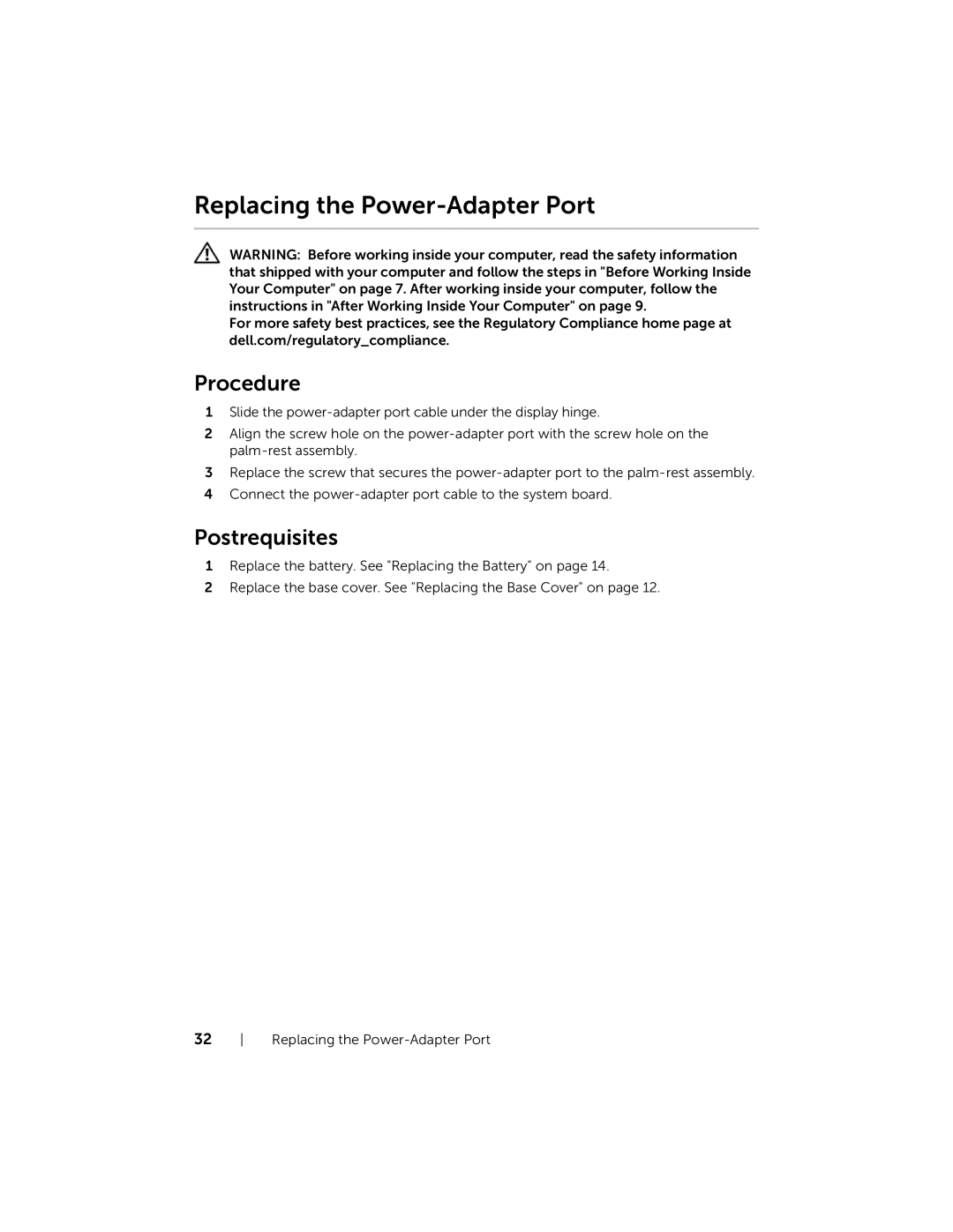 Dell XPSU125327CR manual Replacing the Power-Adapter Port 